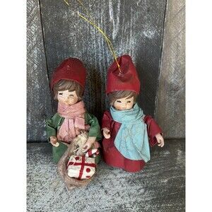 Vintage Paper Mache Little Girl With Present Set Of 2